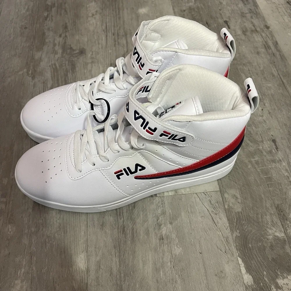 FILA Vulc‎ Size 10.5 Faux Leather White Navy Red High Top Sneakers Men Shoes
